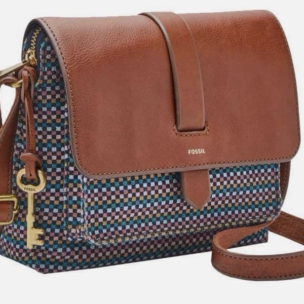 Fossil Women's Crossbody Bag Brown Leather Multicolor Checkered Accent