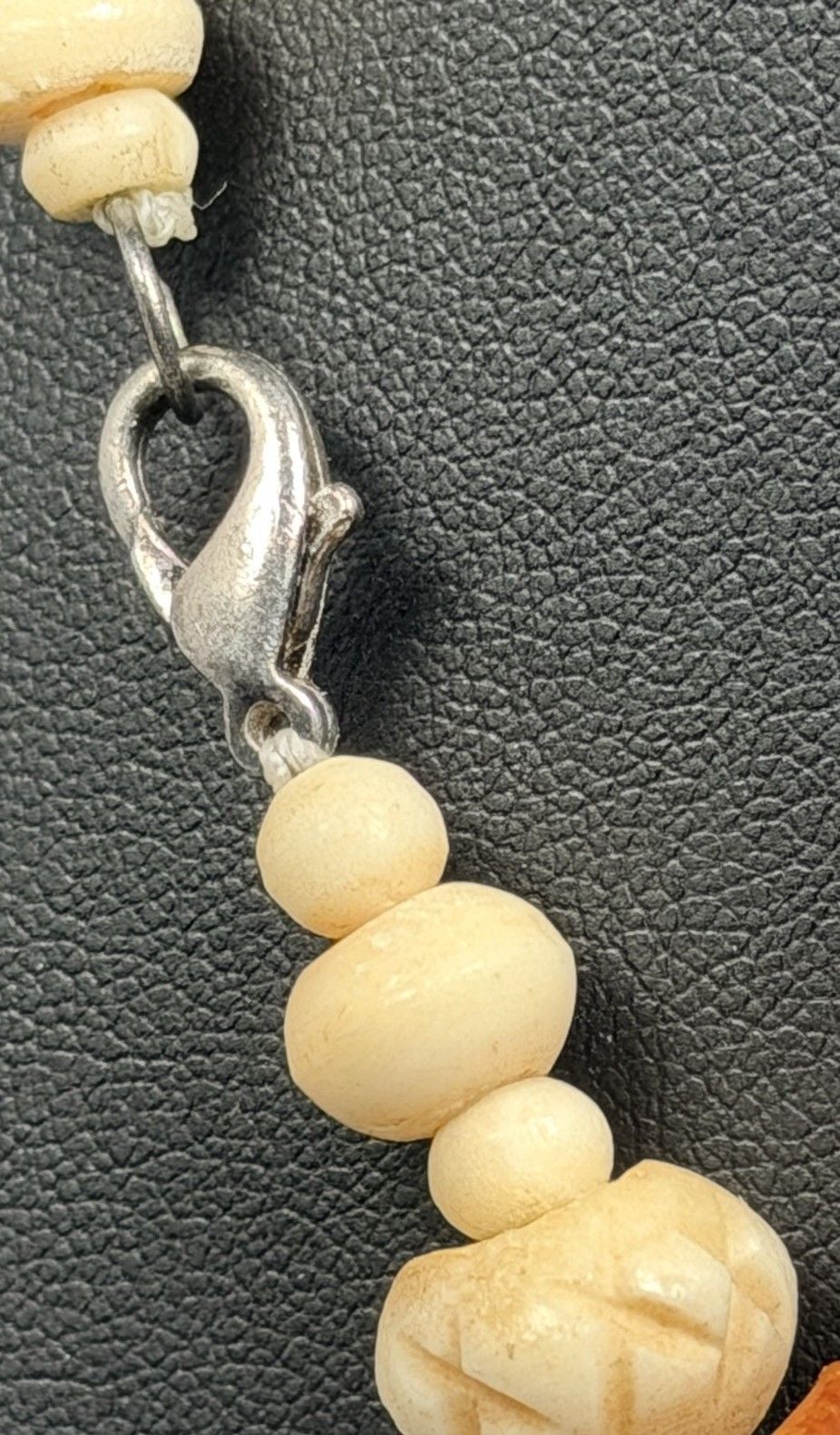Vtg Carved Bovine Bone Necklace Marbled Orange Bakelite Ethiopian Silver Boho 8