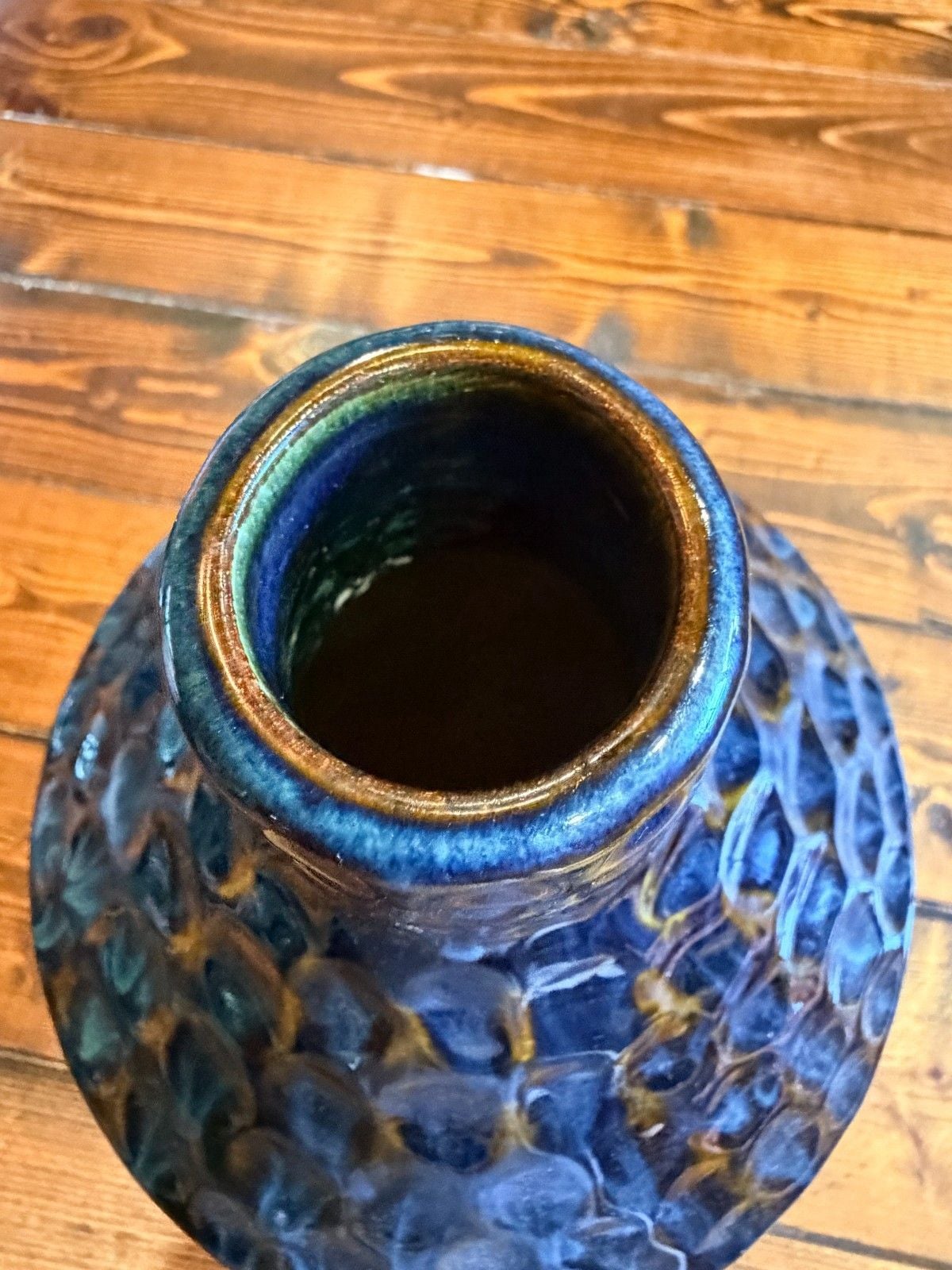 Modern Blue Brown Reactive Glaze Dimpled Honeycomb Ceramic Vase Handcrafted Lg 2