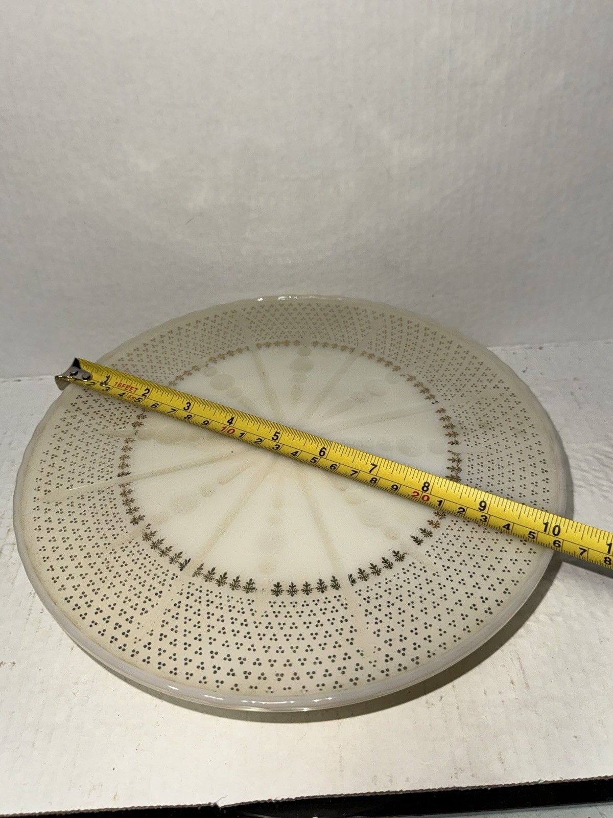 Vtg Anchor Hocking Cake Plate Stand ~ Ivory Milk Glass W/ Gold Fleur De Lis 10”W 3