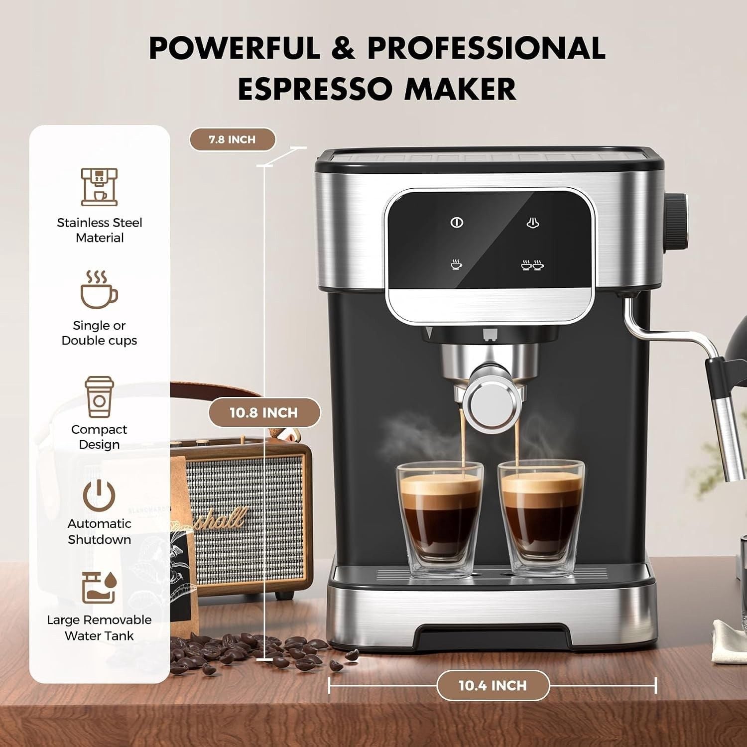 Compact Espresso Machine Professional 20 Bar with Touch Panel, Black 3