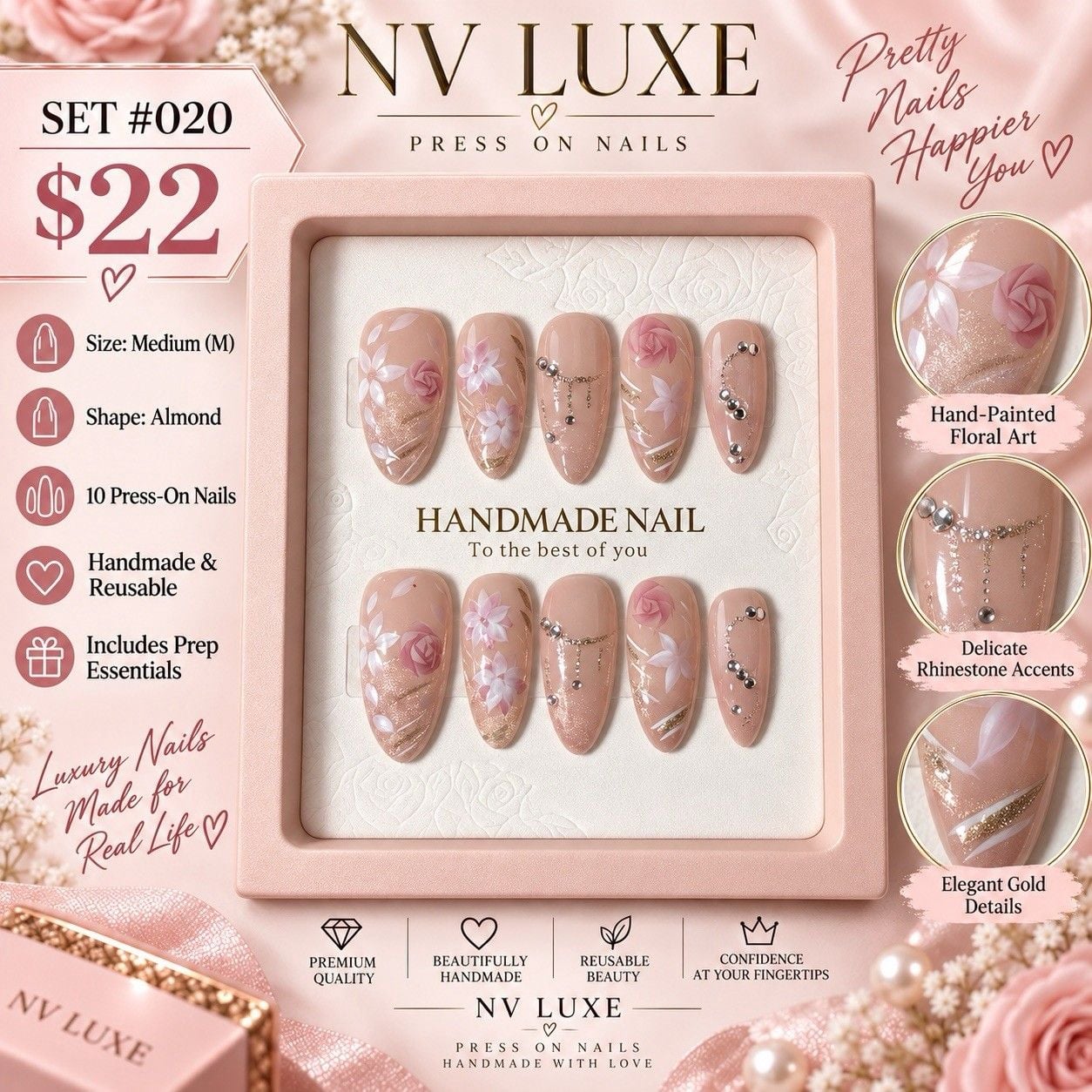 Blush Floral Press On Nails Size M Almond Rhinestone 3D Flower 10pc Set #022 2