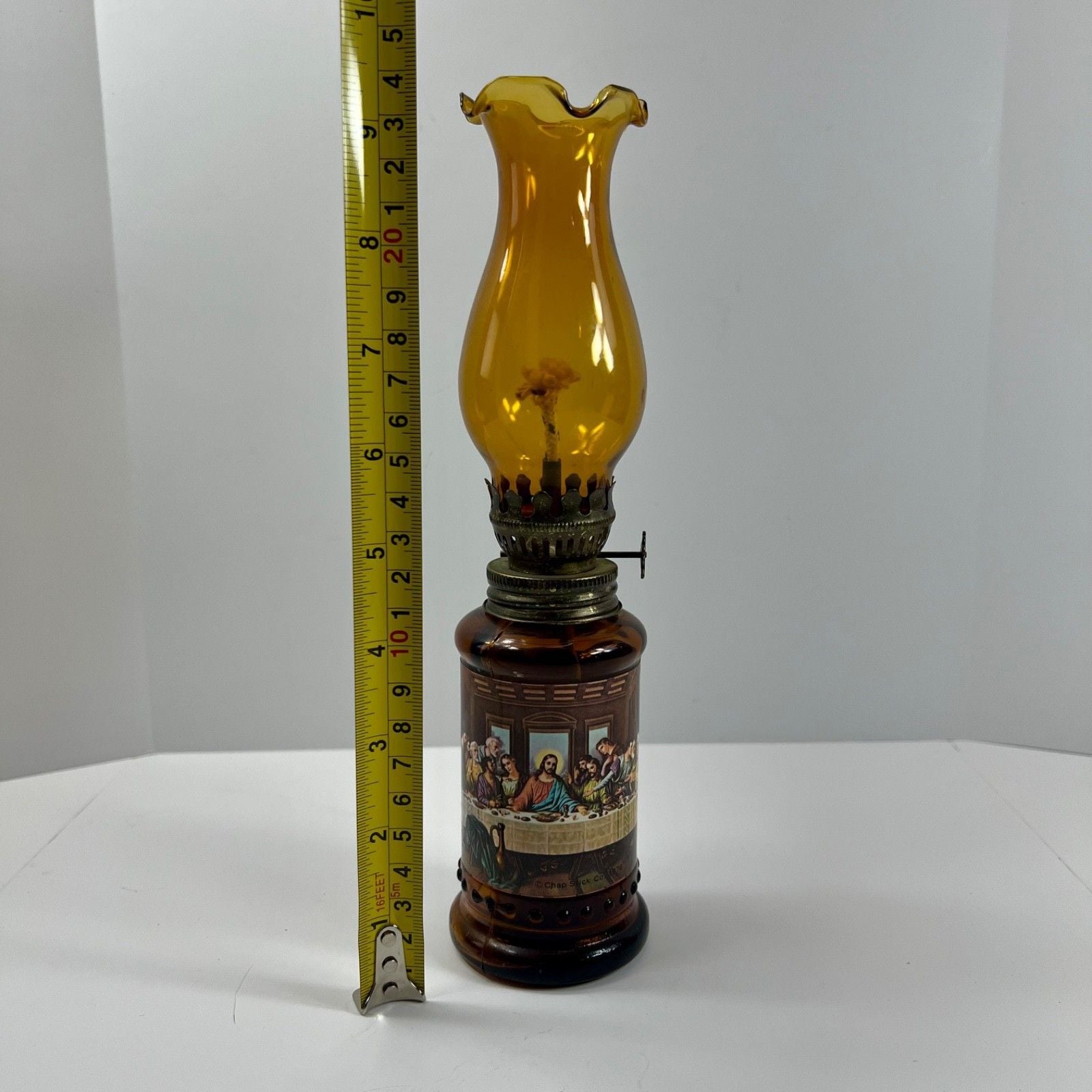 Vintage Chap Stick 1976 Amber Glass Mini Oil Lamp "The Last Supper" Hong Kong 15