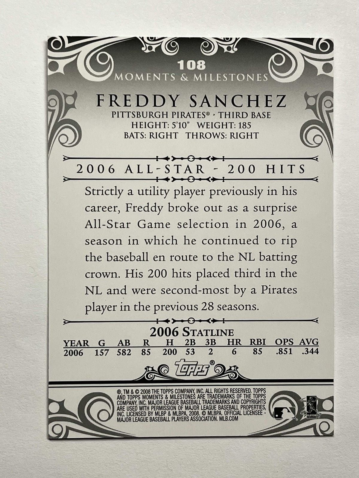 2008 Topps Moments And Milestones Freddy Sanchez #108 /150 Pittsburgh Pirates 2