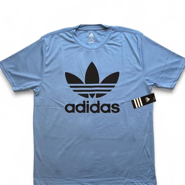 Adidas Originals blue polyester & cotton t-shirt with black logo size large dimensions in pictures brand new with tags.