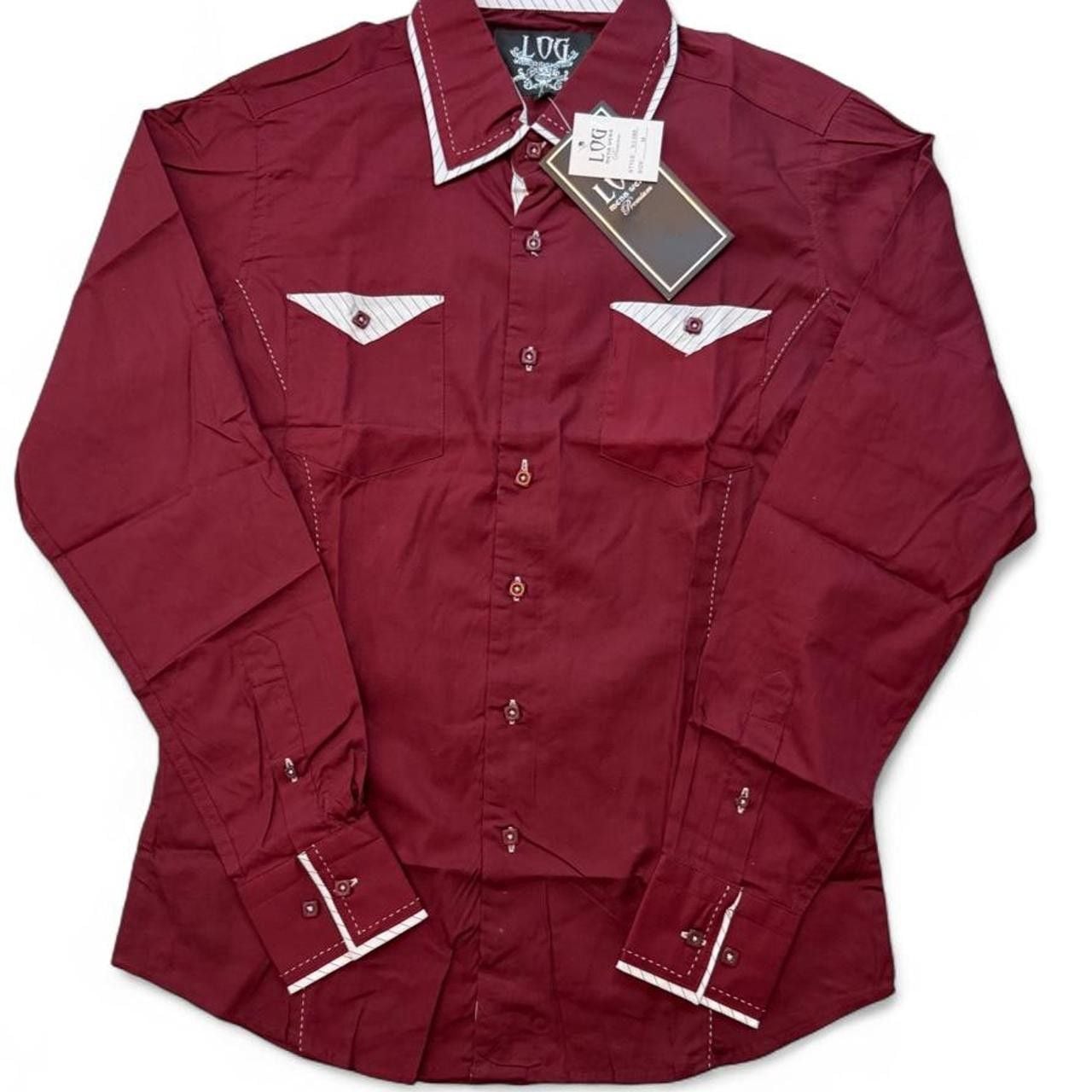Log wear men’s Maroon/Burgundy long sleeve button up shirt with white piping and diamond-shaped chest pockets size medium dimensions are in the pictures Brand new with tags 2