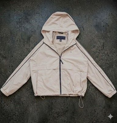 Tommy Hilfiger Windbreaker Jacket Mens Large Beige Hooded Full Zip Mesh Lined L 2