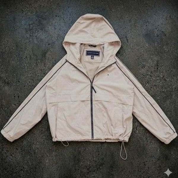 Tommy Hilfiger Windbreaker Jacket Mens Large Beige Hooded Full Zip Mesh Lined L