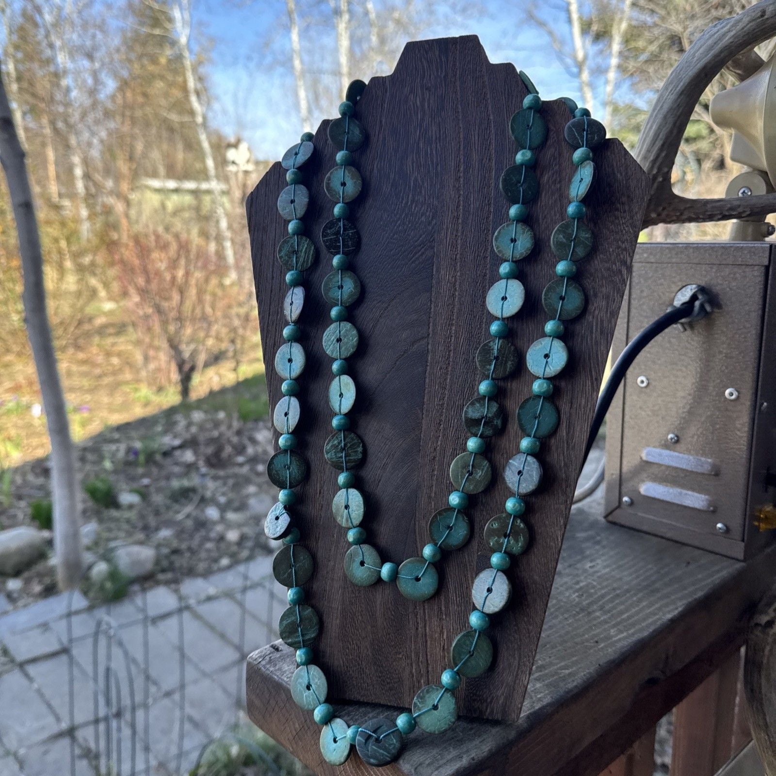 Dyed Coconut Shell Disc Multi Strand Turquoise Necklace Boho Hippie Beach Summer 2