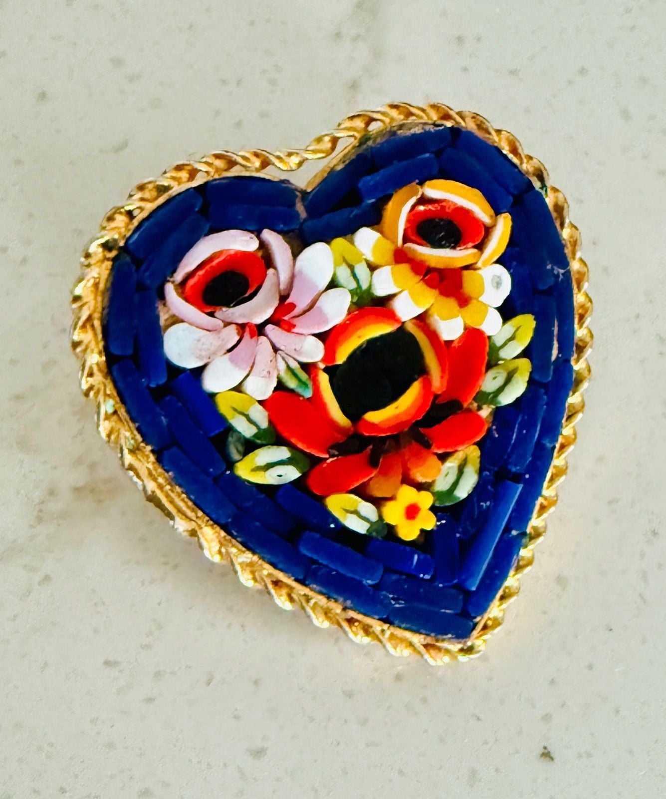 Vintage Italian Micro Mosaic Heart Brooch Floral Gold Tone Pin Made in Italy 4
