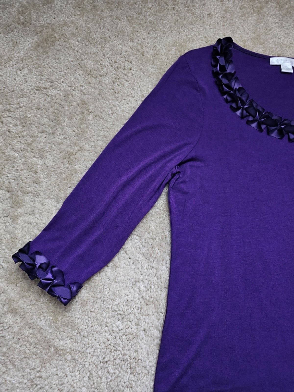 August Silk Women's XL Purple 3/4 Sleeve Top Satin Ruffle Rosette Trim Scoop Nec 3