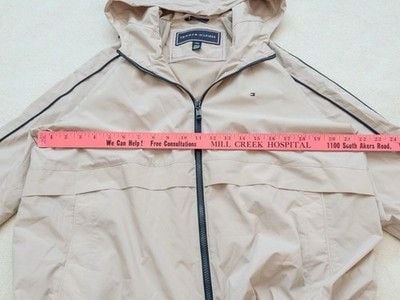 Tommy Hilfiger Windbreaker Jacket Mens Large Beige Hooded Full Zip Mesh Lined L 14