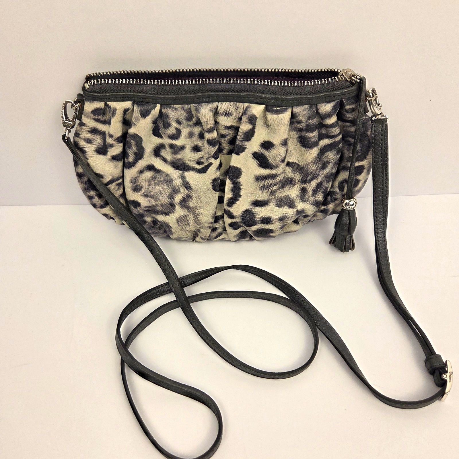 BRIGHTON Cosmo Cat Crossbody Clutch Mini Bag Grey Snow Leopard Animal Print 2