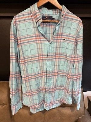 Vineyard Vines Mens Large L Tucker Plaid Button Down Shirt Blue Pink Whale 2