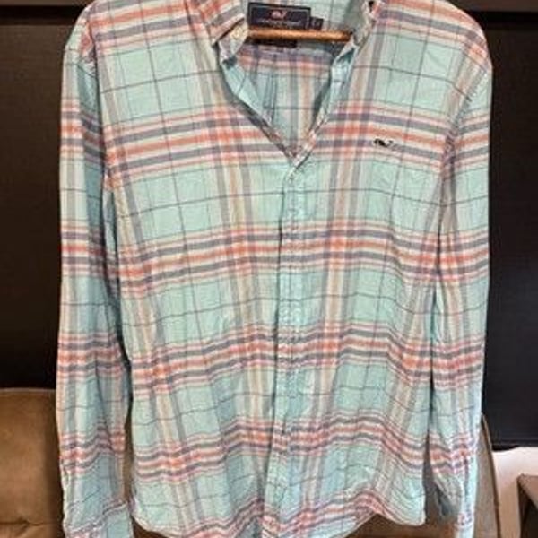 Vineyard Vines Mens Large L Tucker Plaid Button Down Shirt Blue Pink Whale
