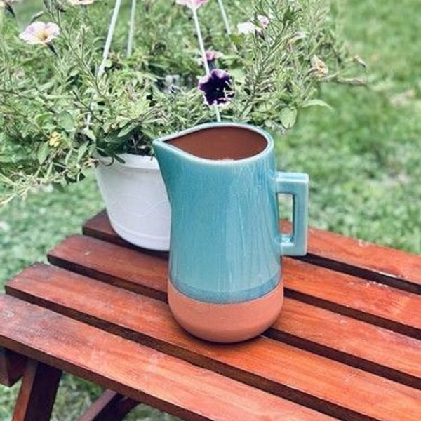 NOS New York Stoneware Handmade Turquoise & Terracotta Drink Pitcher 10” Tall