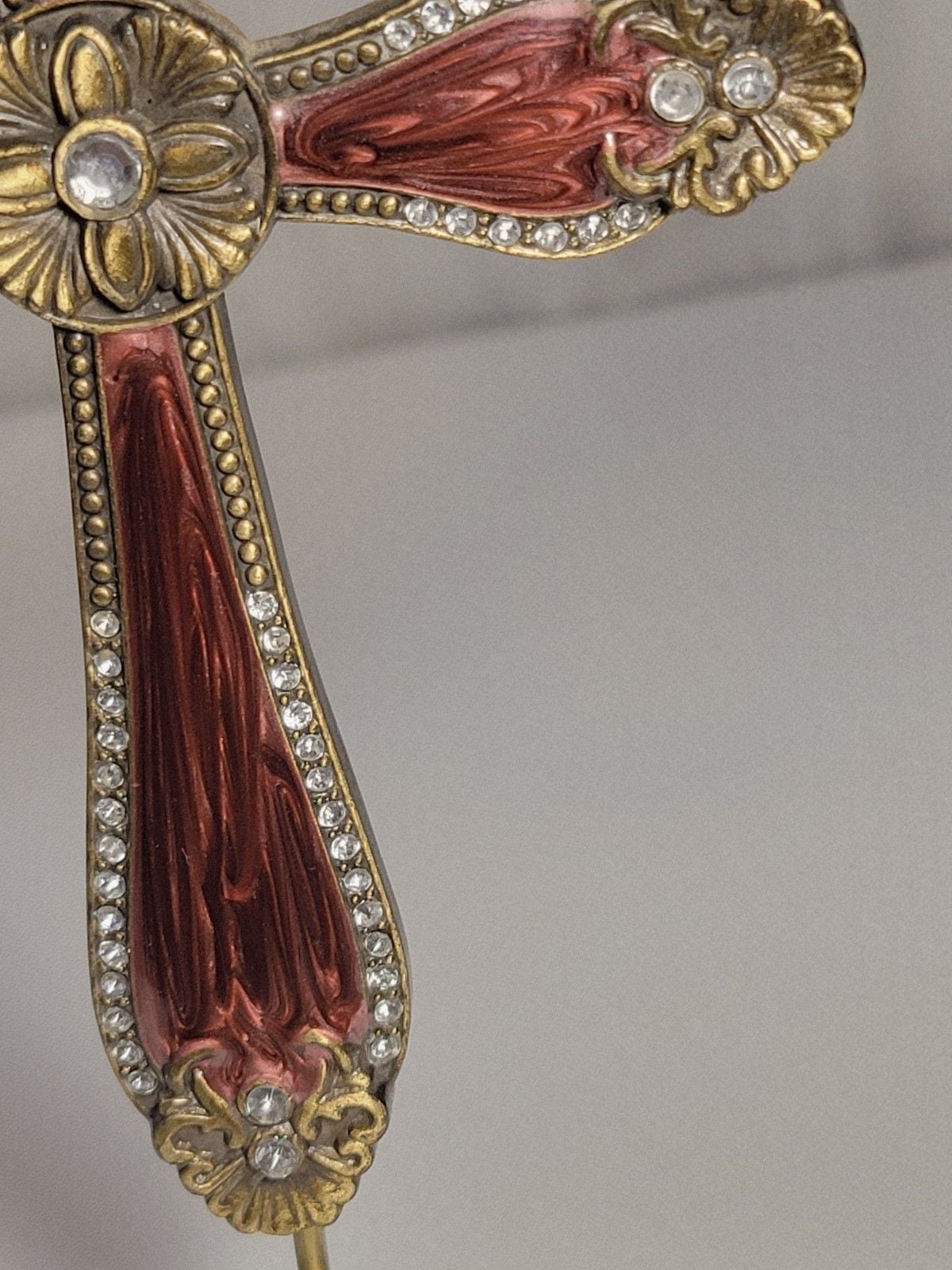 Vintage Style Ornate Red Enamel Rhinestone Cross Ornament on Metal Display Stand 9