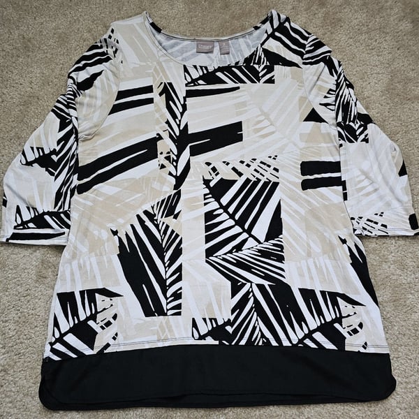 Chico's Women's Size 2 Tunic Top Black Beige Abstract Print 3/4 Sleeve Hi Low