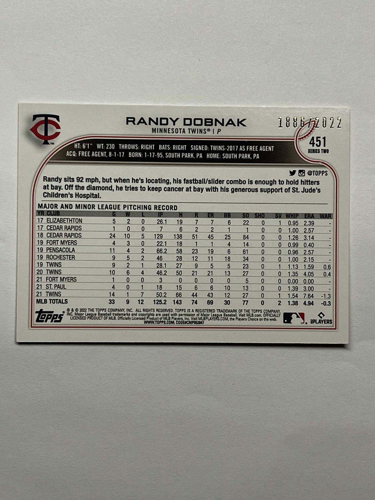2022 Topps Update Randy Dobnak #451 Gold /2022 Minnesota Twins 2