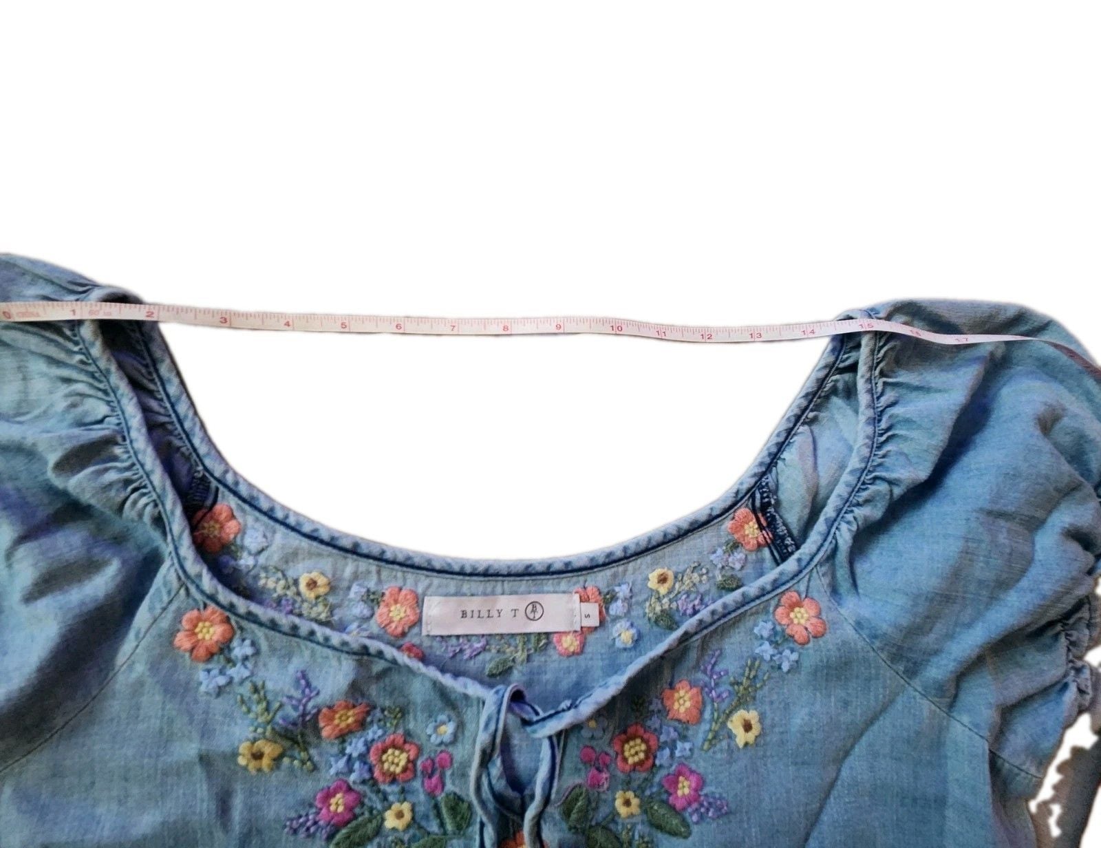 Billy T Petal Song Blue Denim Dress S Embroidered Floral Puff Sleeve BT8026D 9