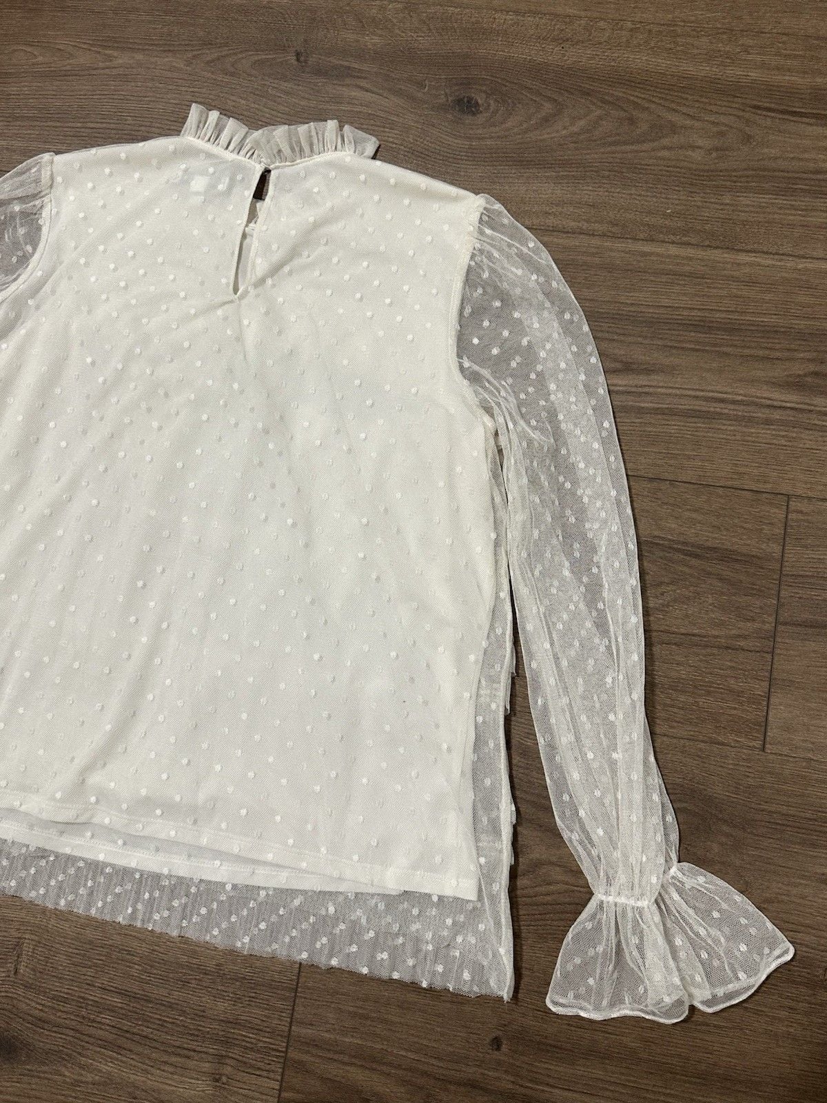 Express Ivory Tulle Ruffle Avant Garde Top Maximalist Polka Dot Size M Women's 12