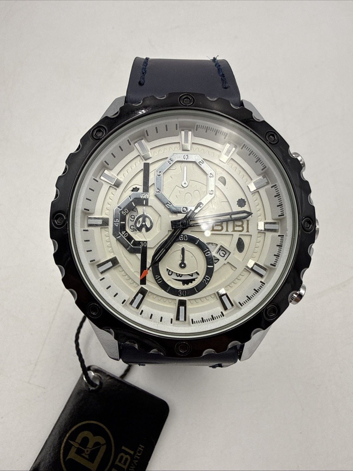 🔥 BIBI Men’s Watch B0184 Blue Strap Silver Case Black Bezel Date 40 mm NIB 🔥 4