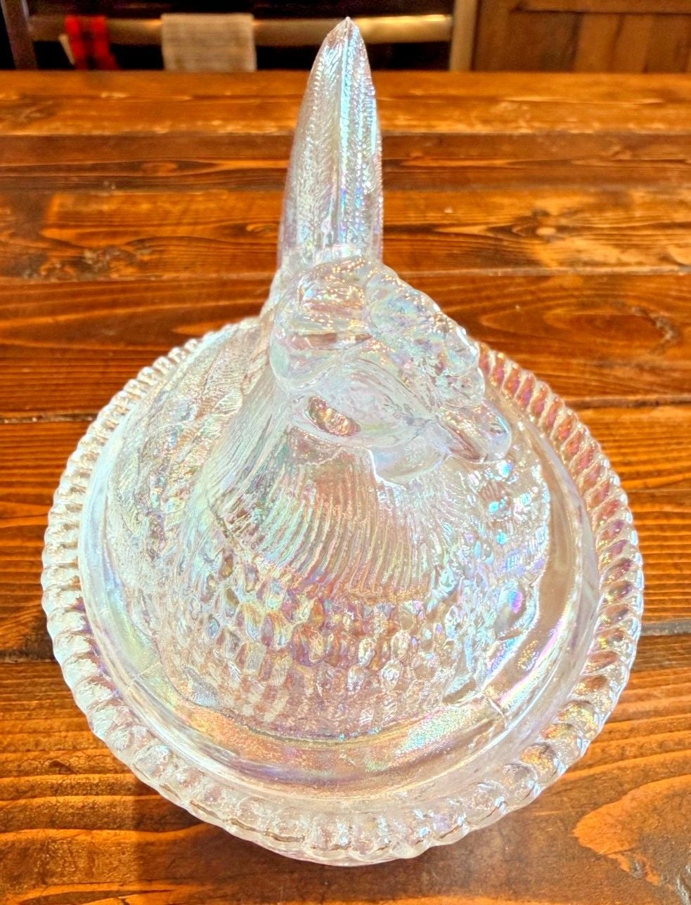 Vintage Mosser Glass Clear Iridescent Hen Nest Covered Dish Carnival Farm Decor 5