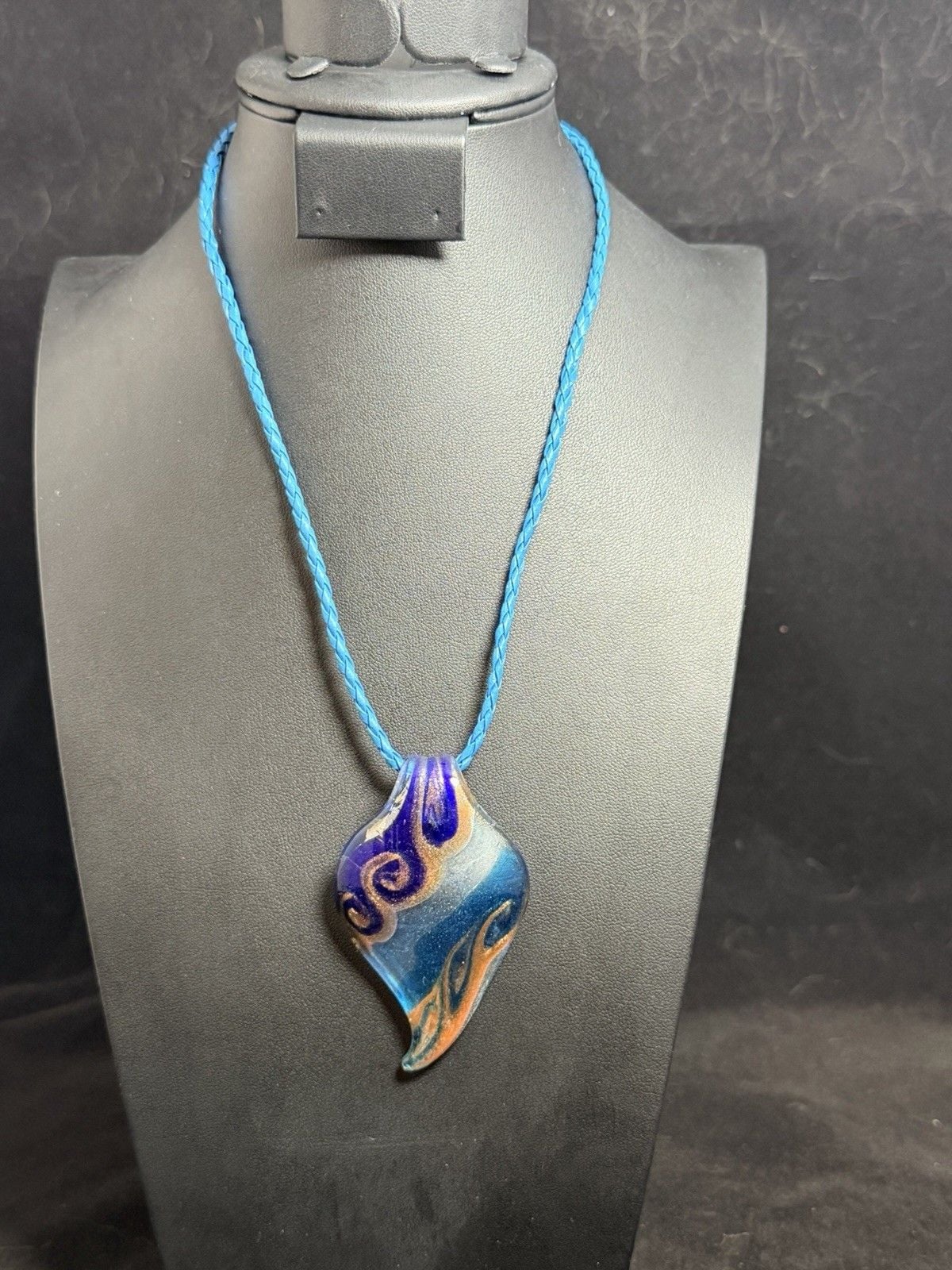 Vintage Murano Style Glass Wave Pendant Necklace Cobalt Blue Gold Foil Venetian Art 2