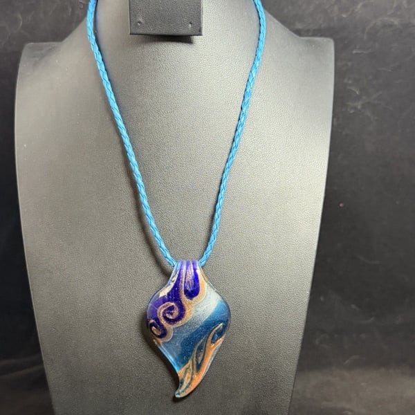 Vintage Murano Style Glass Wave Pendant Necklace Cobalt Blue Gold Foil Venetian Art