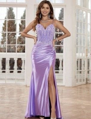 Satin Slit Lace-Up Formal Dress Deep V-Neck and Shimmering Lace Size Medium 2
