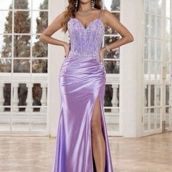 Satin Slit Lace-Up Formal Dress Deep V-Neck and Shimmering Lace Size Medium