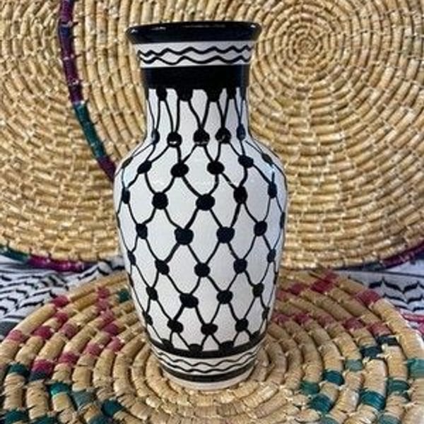 keffiyeh Palestinian Ceramic Vase 9x4 inch Hand Painted and Handmade in