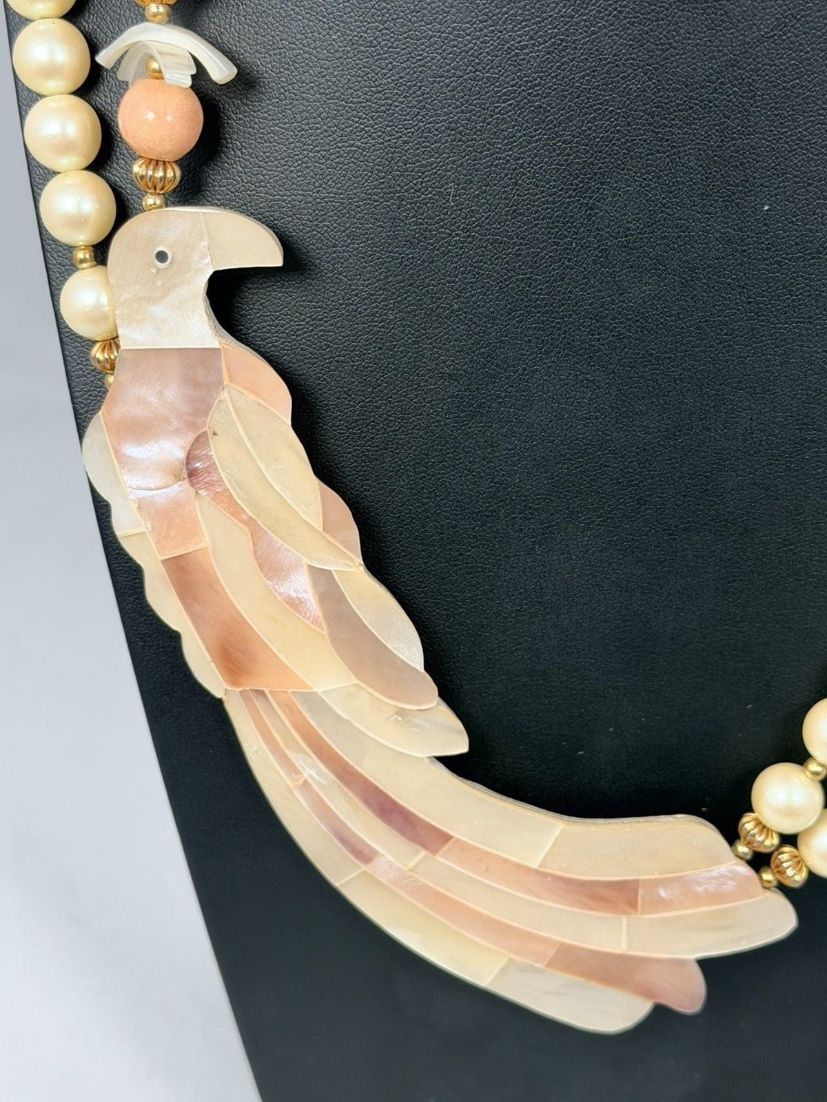 Vtg Mother Of Pearl Carved Bird Statement Necklace Faux Pearl Coral Multi Strand 4