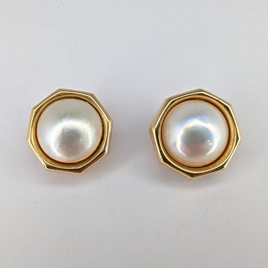 vintage 14k gold Octagon Bezel Set White Round Pearl Stud Earrings 2