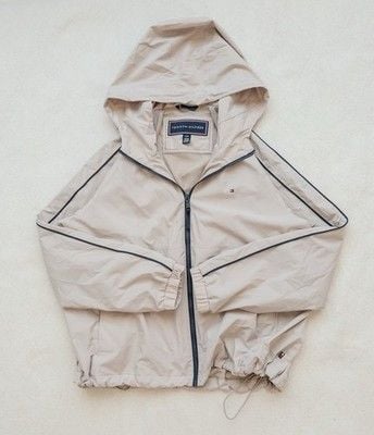 Tommy Hilfiger Windbreaker Jacket Mens Large Beige Hooded Full Zip Mesh Lined L 11