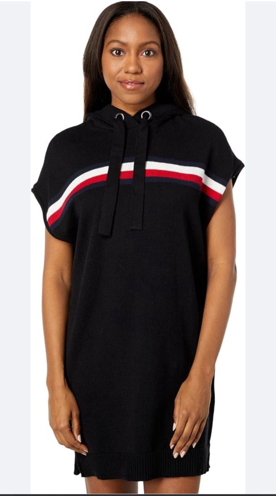 Tommy Hilfiger Hooded Sweater Dress XL Black Red White Striped Short Sleeve Knit 2