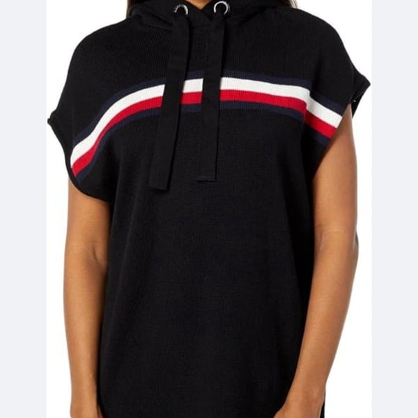 Tommy Hilfiger Hooded Sweater Dress XL Black Red White Striped Short Sleeve Knit