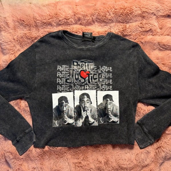 Tupac Poetic Justice Women’s Large Black Thermal Crop Top 2Pac 90s Hip Hop Y2K