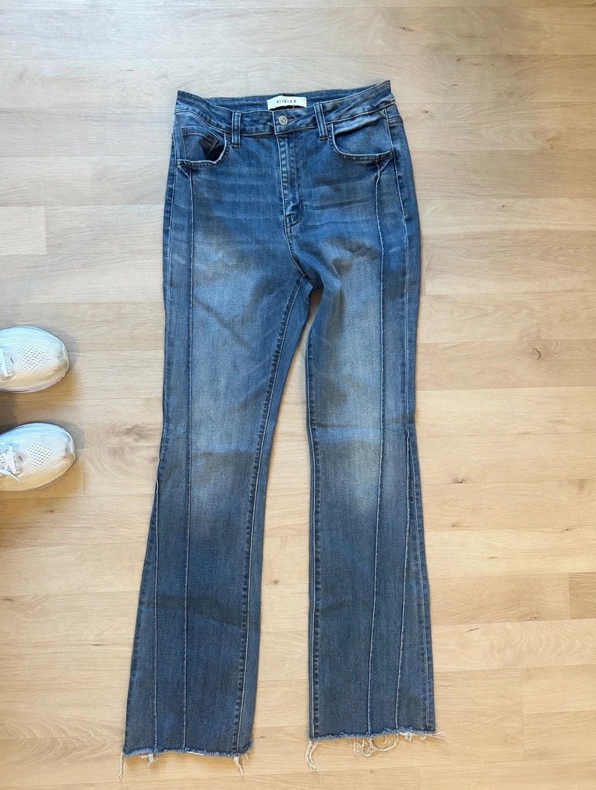 Women's Blue Flare Jeans Frayed Pocket Edges Raw Hem 9/28 27" Inseam 2