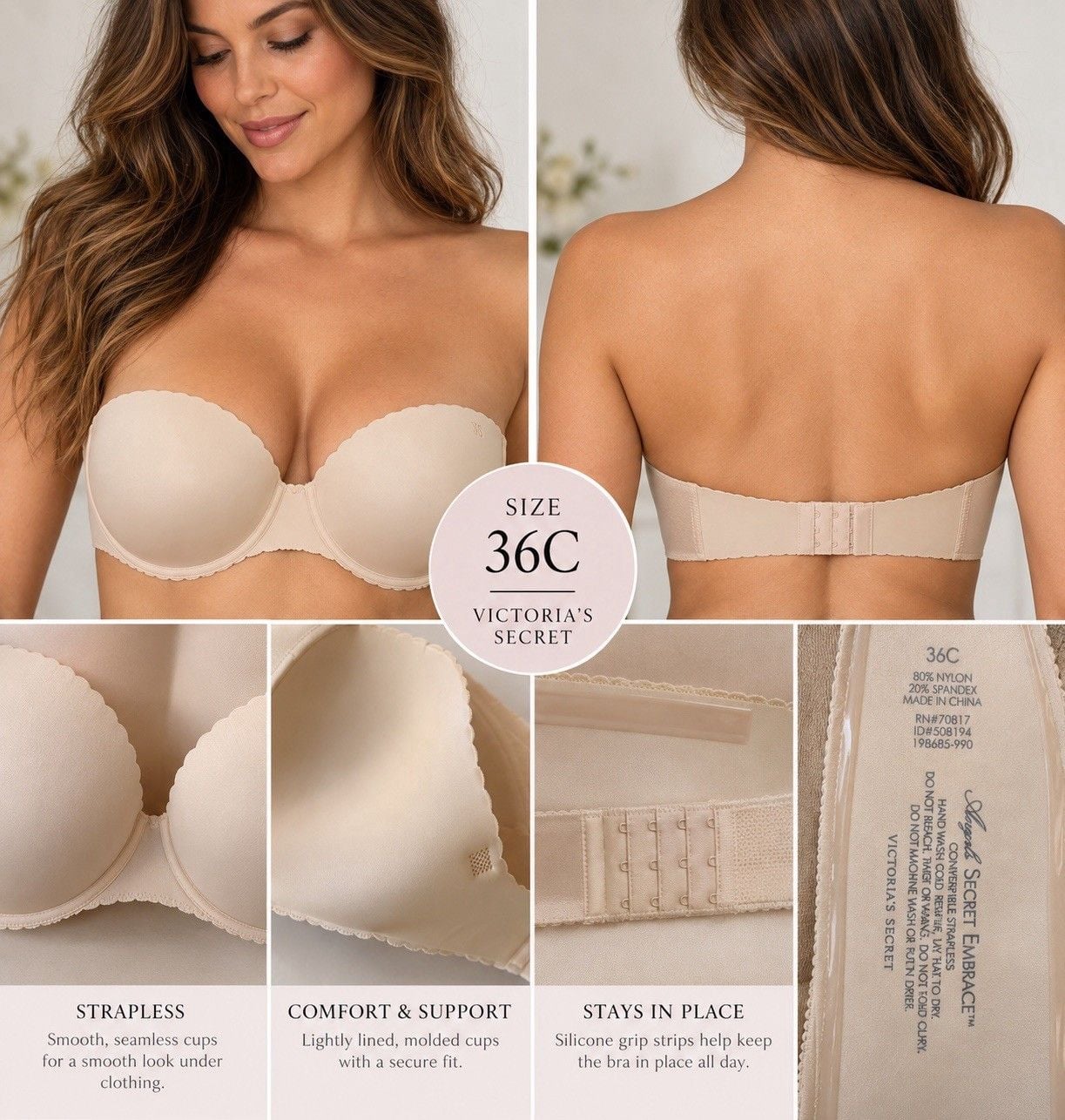 Victoria’s Secret Bra Lot 34D 36C Strapless Push Up Lace Black Nude Bundle 3
