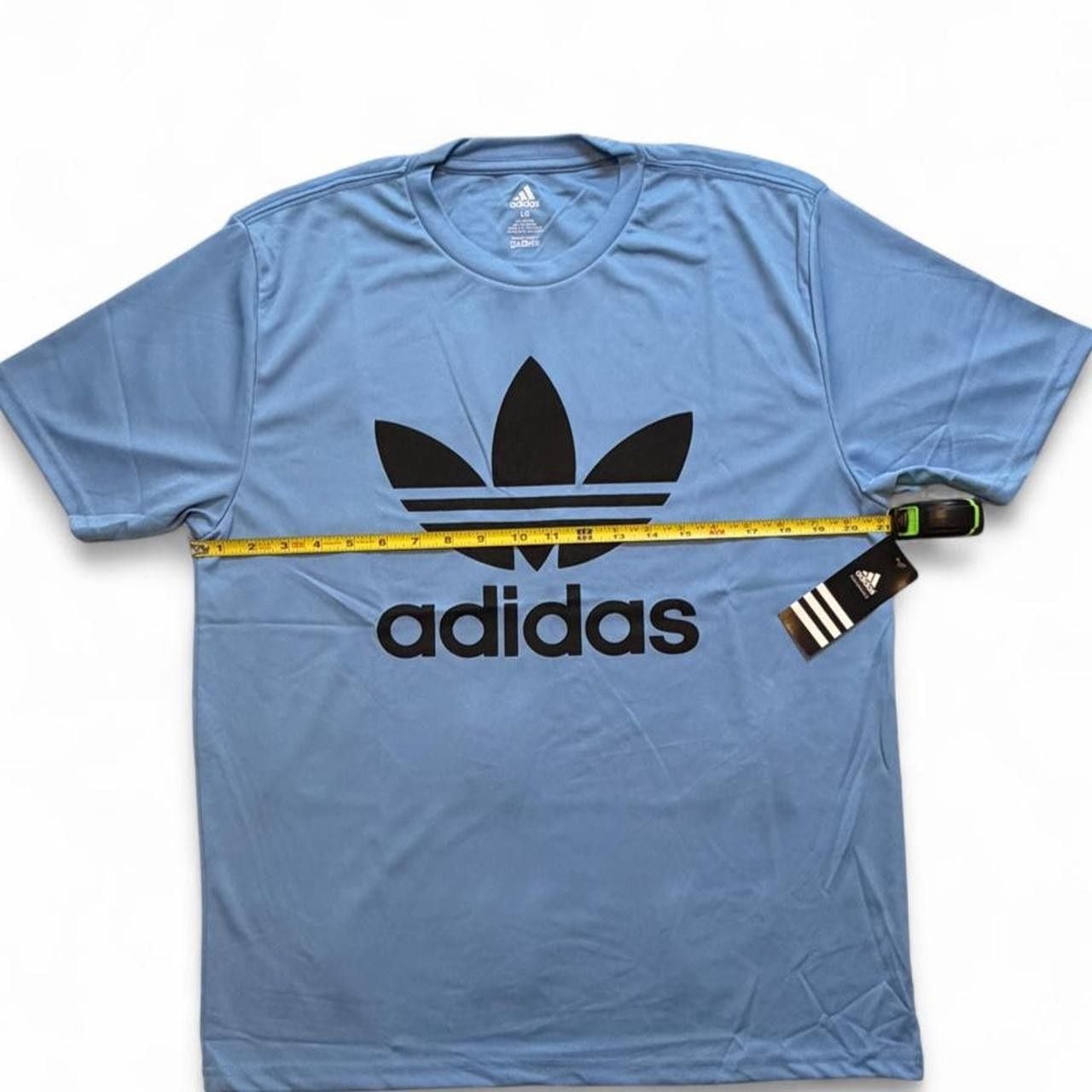 Adidas Originals blue polyester & cotton t-shirt with black logo size large dimensions in pictures brand new with tags. 4