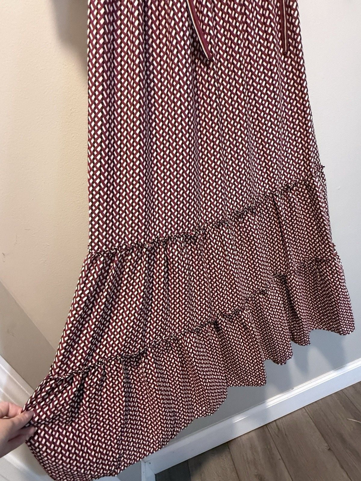 Max Studio Burgundy Geometric Maxi Dress Puff Sleeve Tie Neck Smocked Size S 7