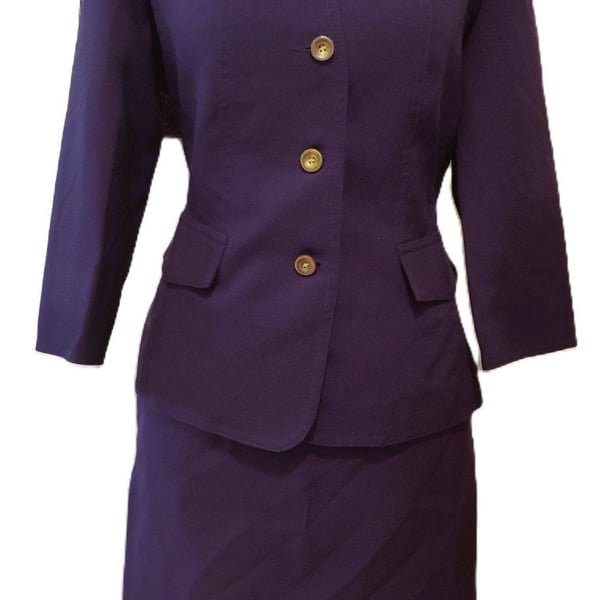 Vintage Jemma 2 Piece Plum Suit Structured Blazer w Skirt Gold Tone Buttons Sz 6