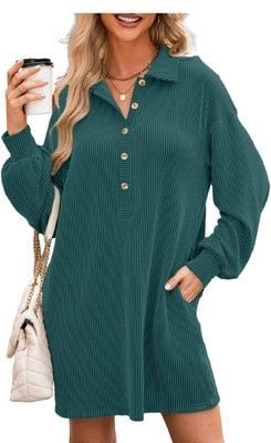 AlvaQ Womens Long Sleeve Dress Loose Button Front Lapel Collared Ribbed-SIZE 2XL 2
