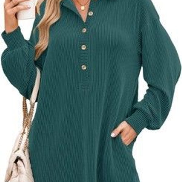 AlvaQ Womens Long Sleeve Dress Loose Button Front Lapel Collared Ribbed-SIZE 2XL
