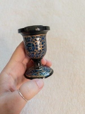 Vintage Kashmiri Paper Machê Candle Holder Hand Painted Lacquer Blue Gold Floral 9