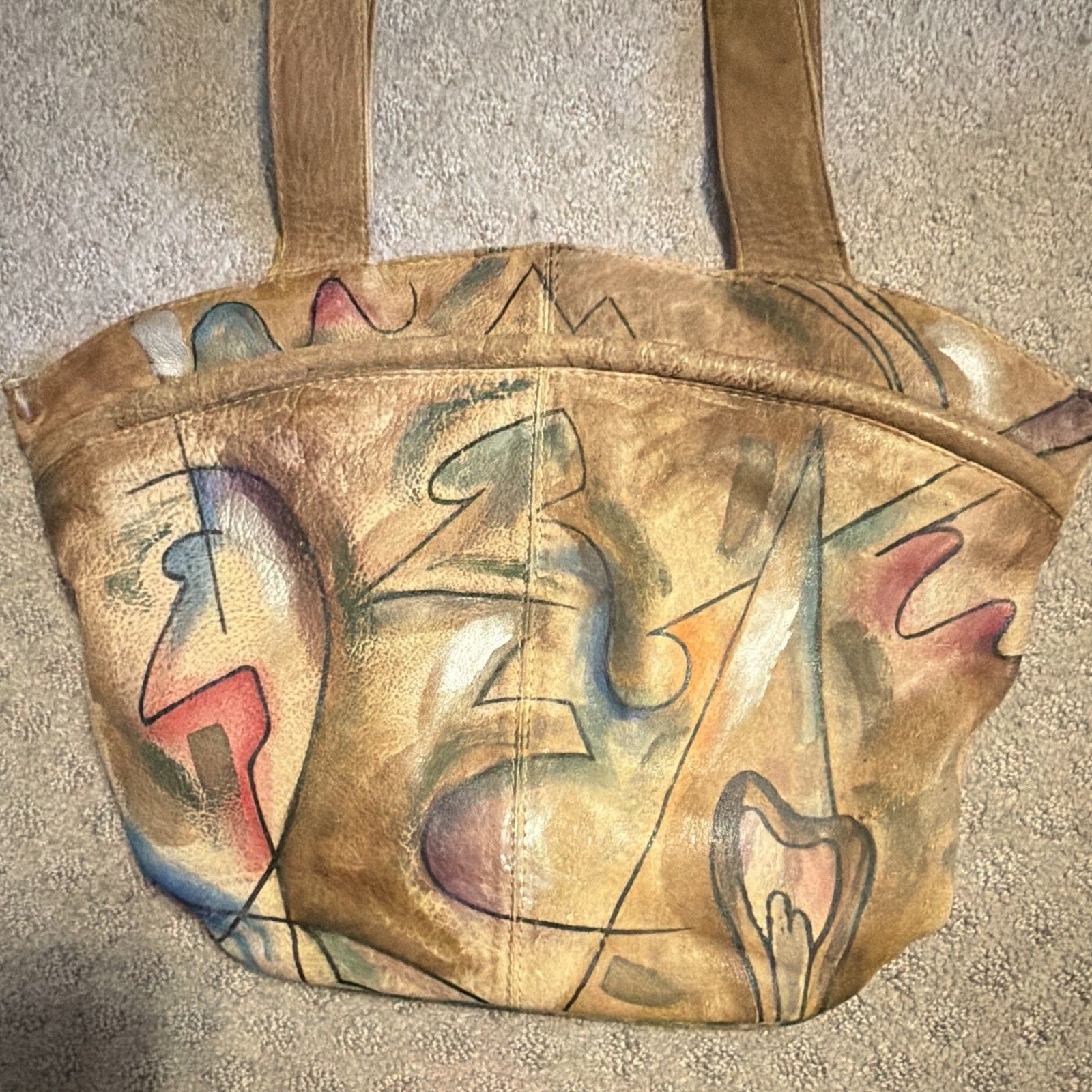 Vintage Sam Sam Hand Painted Leather Shoulder Bag Boho Abstract Wearable Art 3