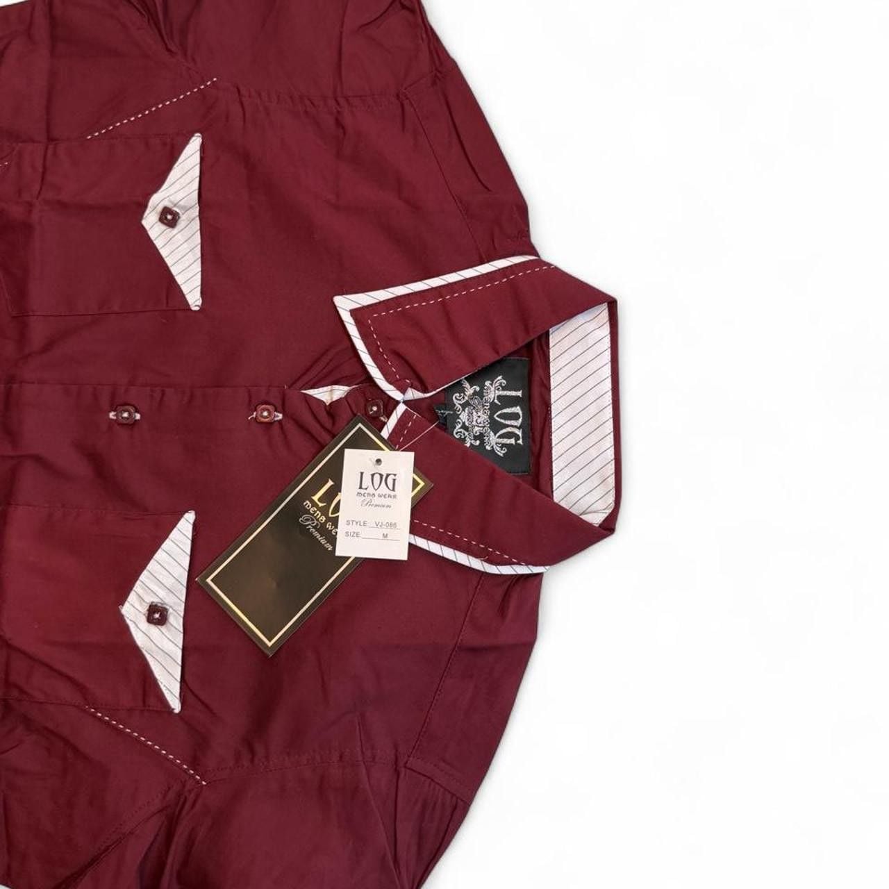 Log wear men’s Maroon/Burgundy long sleeve button up shirt with white piping and diamond-shaped chest pockets size medium dimensions are in the pictures Brand new with tags 6