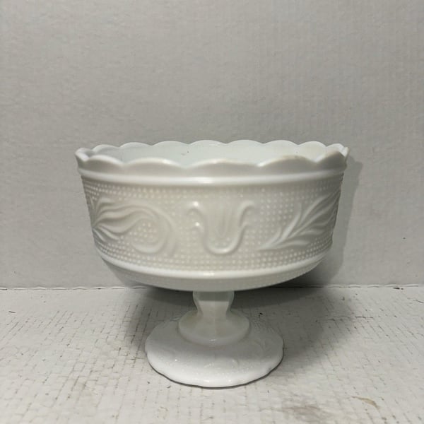 Vintage FTD White Milk Glass Pedestal Bowl Compote Scalloped Leaf Candy Dish