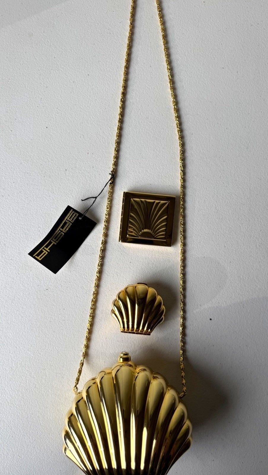 Sasha Gold Metallic Seashell Clutch w/ Rhinestone Accents Chain Strap 1